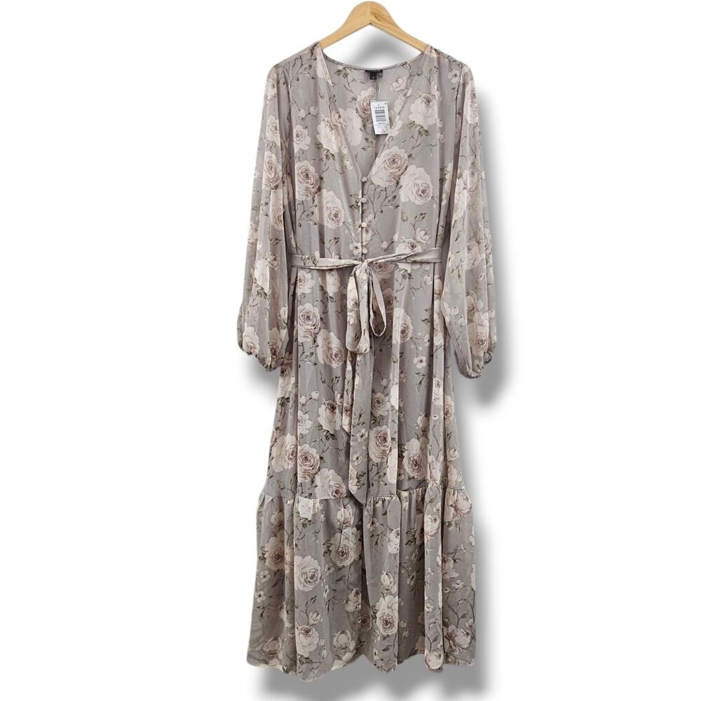 Torrid Maxi Dress Floral Long Sleeve 1X Gray Beige Tiered Chiffon Lined Boho NEW